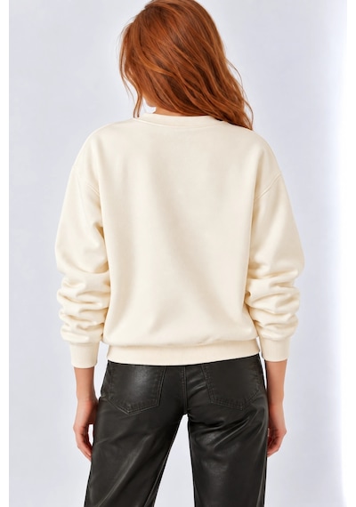Mevese Kalp İşlemeli Kadın Sweatshirt- Bej
