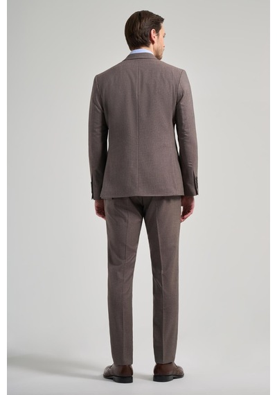 İmza Kendinden Desenli Bez Ayağı Mono Yaka Tam Astar Esnek 6 Drop Slim Fit Takım Elbise 1001250168 Kahverengi