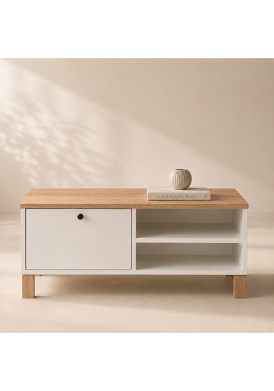 The Voguemaxima Livenza Kapaklı Kayın Ahşap Ayaklı Orta Sehpa 90 60 38,6 Cm Beyaz