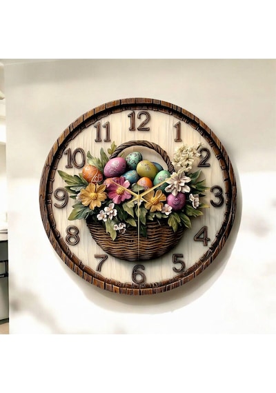 AA Shop Renkli Baskı Çiçek Yumurta Desenli Sayılı Hediyelik Ahşap Sessiz Duvar Saati 50cm ÇOk Renkli