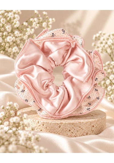 Pudra Pembe 4 Katmanlı Çiçek Desenli Fırfır Scrunchie Saç Tokası