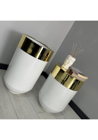 Dekoratif Gold Darbuka Parlak Beyaz Saksı 70cm + Sehpa 60cm İkili Set