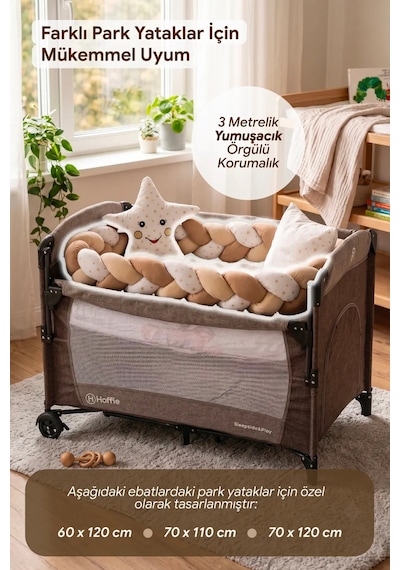 Deluxe Park Yatak Uyku Seti Bebek Beşik Örgülü Uyku Seti Pamuklu Kumaş 7 Parça