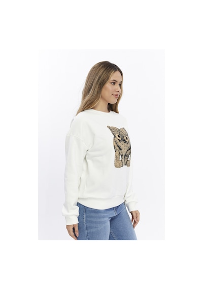 Kadife Ayıcıklar Desenli Şardonlu İçi Polarlı Ekru Regular Fit Bisiklet Yaka Kadın Sweatshirt Ekru