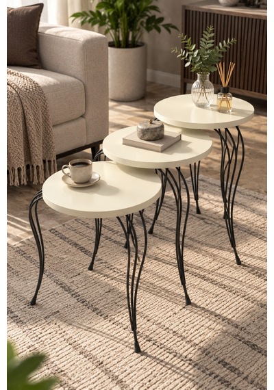 Sulorahome Lükens Metal Ayaklı 3'lü Zigon Sehpa Takımı Krem Bej