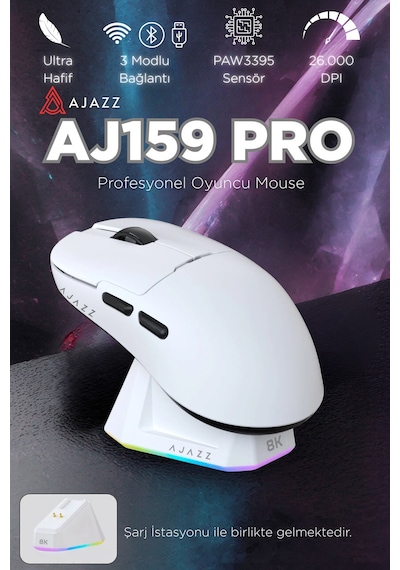 Aj159 Pro Kablosuz 3 Modlu 8.000 Hz-26.000dpı Oyuncu Mouse Paw3395 Sensör Rgb Şarj Istasyonu Diğer