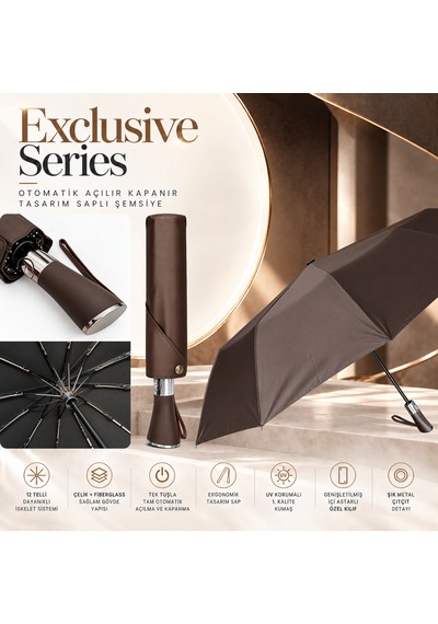 Aventus Exclusive Series - Otomatik Açılır Kapanır Tasarım Saplı Şemsiye Kahverengi