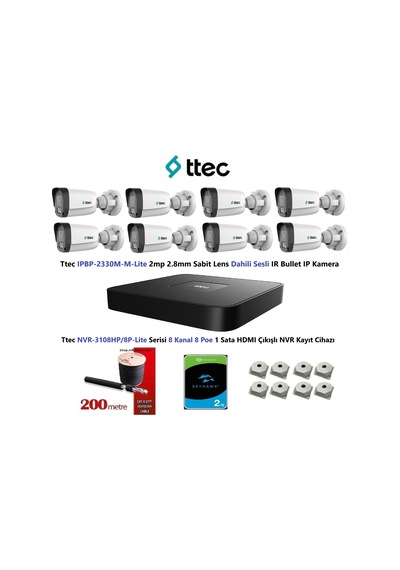 Ttec 2mp Mikrofonlu 8 Kameralı 2tb Disk Tak Çalıştır Hazır Ip Kamera Seti