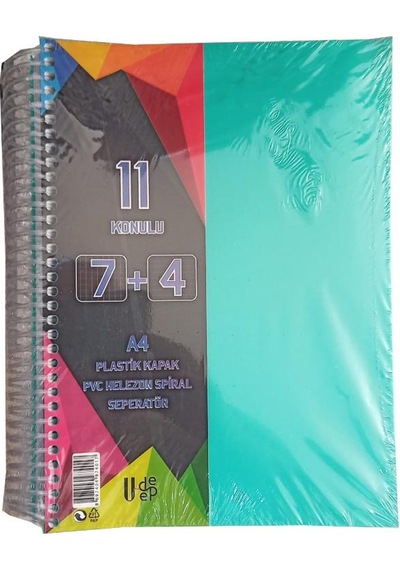 7+4 Ayraçlı Defter 11 Konulu 225 Yaprak 1 Adet 7 Kareli 4 Çizgili Spralli Plastik Kapak Seperatörlü Yeşil