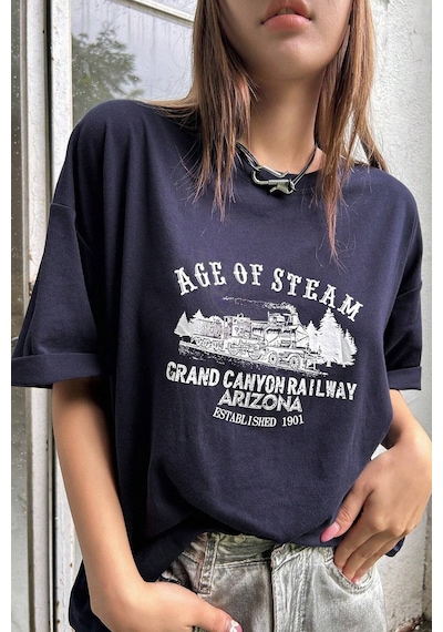 Unisex Age Of Steam Baskılı Tasarım Tshirt Lacivert