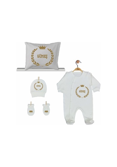 Pia Baby Gl 2007 İsme Özel Taçlı Beşli Tulum Set Krem