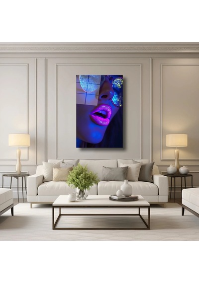 Neon Detaylı Kadın Yüzü Cam Tablo Modern Portre Duvar Dekoru 50