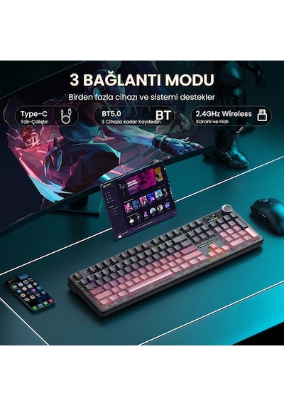 Aula F108 Pro Ekranlı Mekanik Klavye Graywood V3 Switch Rgb Hot Swap 8000mah Makrolu Oyuncu Klavyesi Gradyan Pembe