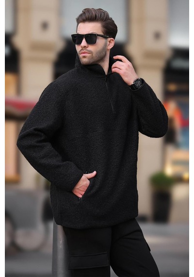 Madmext Siyah Dik Yaka Yarım Fermuarlı Buklet Sweatshirt 7084 Siyah