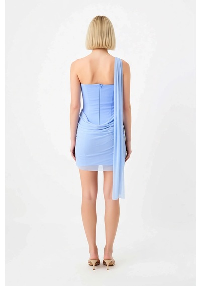Benerly Kadın Straplez Kolsuz Mini Elbise Tül Detaylı Bodycon Kesim Dokum Açık Mavi
