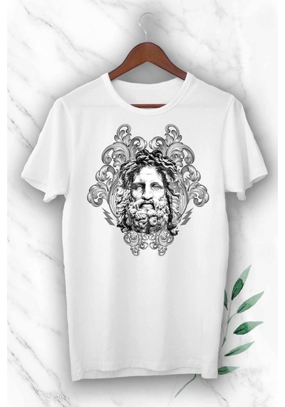 Flood Of Style Unisex Beyaz Mitoloji Zeus Heykel Baskılı Tişört
