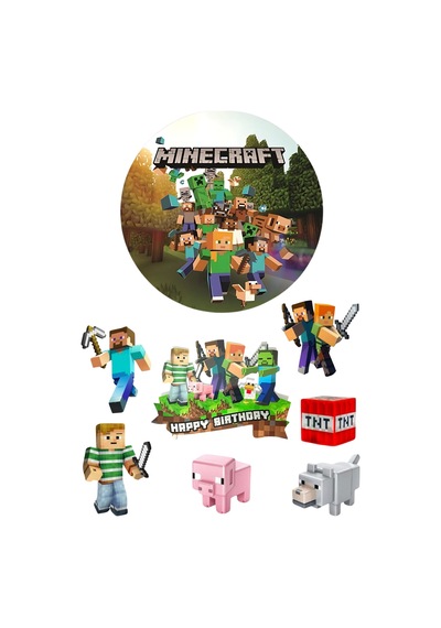 Yenilebilir Yuvarlak Pasta Ve Figür Resim Baskısı Şekerli Kağıt Minecraft Temalı 36