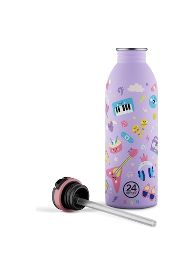 Kids Bottle Music Friends Pipetli Paslanmaz Çelik Çocuk Su Matarası 500 Ml Mor