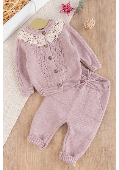 Babymod Dantel Yakalı Triko Kız Bebek Hırka Pantolon Takım Triko Bebek Seti 001