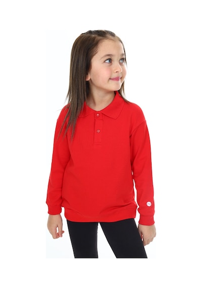 Kız Çocuk Regular Fit Polo Yaka Düşük Omuz Nakış Baskılı Sweatshirt - 2 İplik Kırmızı