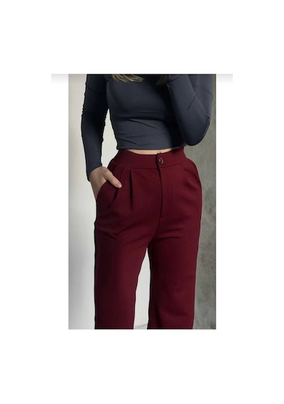 Nevege Butik Kadın Örme Kumaş Full Likralı Düğmeli Palazzo-bordoo02 Bordo0102 Bordo