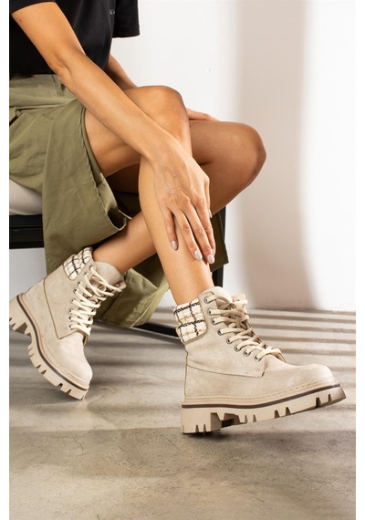 Shoetek Sophie Kadın Bot&bootie Ekoseli Triko Postal Bej Süet Bej Süet