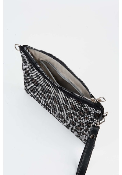 Vivaq Kadın Leopar Gümüş Taşlı Süet Bilek Askılı Ve Zincir Askılı Portföy El Ve Clutch Çanta SİYAH