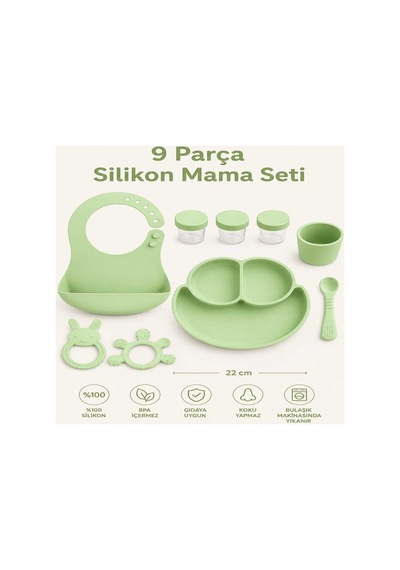 9 Parça Mama Seti %100 Silikon Bpa İçermez Ek Gıdaya Uygun Yeşil