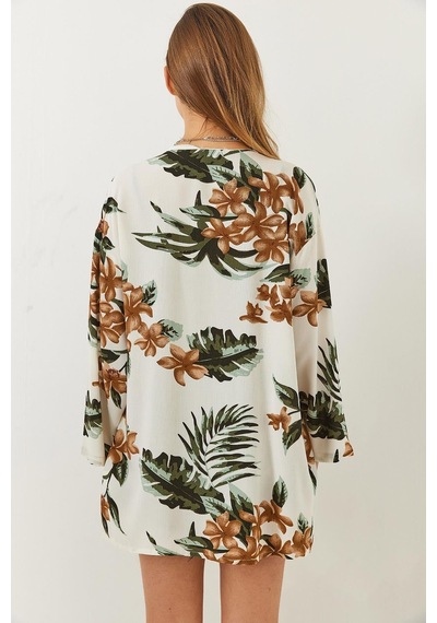 Shade Kadın Çiçek Desenli Kısa Viskon Kimono 60261498 - Ekru