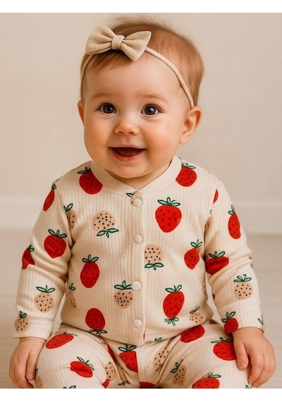 Zekids Kız Bebek Pamuku Çilek Desenli Pijama Takımı-16296 Çok Renkli