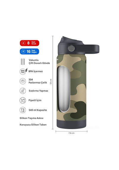 Puccon 540 Ml Koyu Yeşil Kamuflaj Desenli Siyah - Yeşil Erkek Çocuk Pipetli Çelik Termos Matara/suluk - 60051