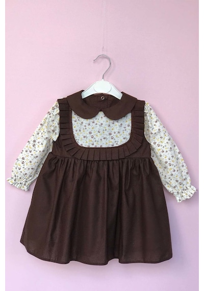 Bebe Yaka Pileli Çiçekli Kahve Kız Çocuk Bebek Elbise 001