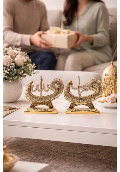 Taş İşlemeli Gold Biblo Allah & Muhammed S.a.v Vav Ve Elif Figürlü Masa Üstü Biblo 2 Li Set 18 Cm Sarı
