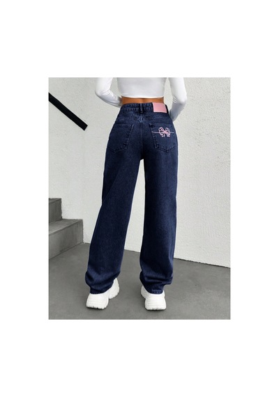 Kene Jeans Kemer Derili Tek Cep Nakışlı Lacivert Boru Paça Lacivert