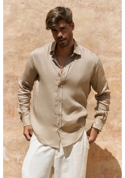 Mai Collection Mai Studios Co. Agnola Oversize Erkek Bej Keten Gömlek Bej