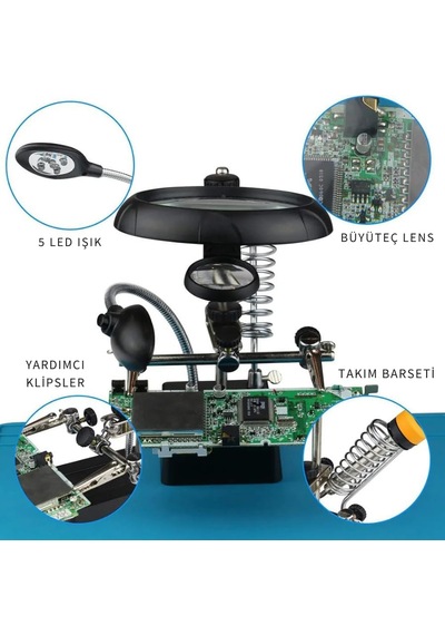 Mg-16129 Çok Fonksiyonlu Işıklı Büyüteç Lehim Tamir Standı