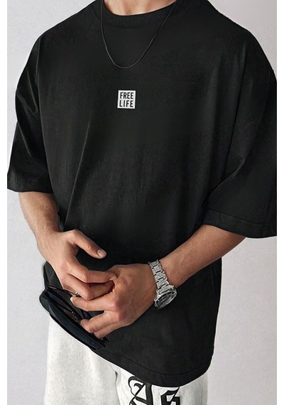 Flood Of Style Erkek Siyah Free Life Baskılı Oversize