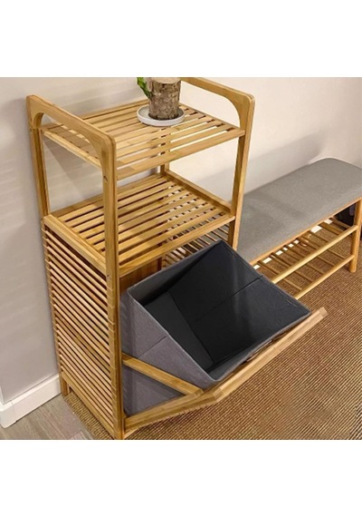 2 Organizer Raflı Ahşap Bambu Çek-aç Kirli Sepeti Sarı