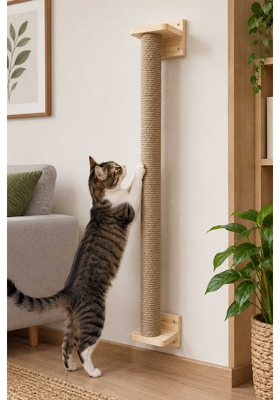 Reyo Narım Duvara Asılabilir Duvara Monteli Kedi Tırmalama Tahtası Duvara Monteli Tırmalama Kulesi Jüt İpli 1 Metre 6 Cm Boru
