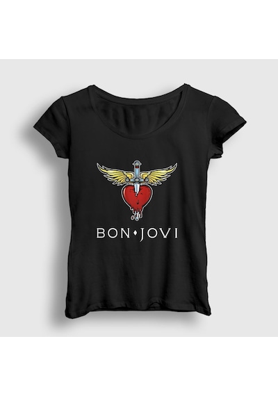 Presmono Kadın Logo Bon Jovi T-shirt Siyah