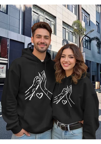 Nevermind Sevgili Çift Kombin Hoodie Set Kalp Ve Eller Baskılı Unisex Overs Siyah