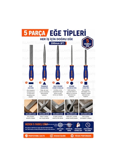 5 Parça Profesyonel Eğe Seti 200 Mm 8" Ergonomik Kaymaz Saplı Sertleştirilmiş Çelik Ahşap Metal Pl