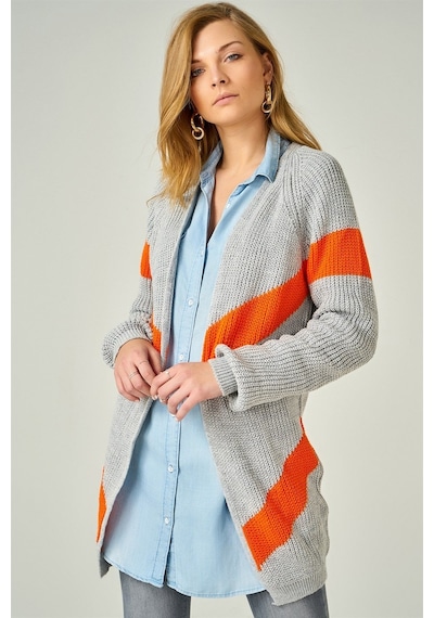 Aqe Fashion Kadın Çizgili Örme Gri & Turuncu Hırka Turuncu