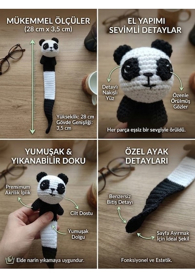Amigurumi Panda Figürlü Pamuklu Kitap Ayracı Yüksek Kaliteli Malzeme, Detaylı İnce İşçilik