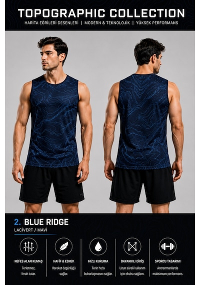 Beydex Erkek Nem Emici Hızlı Kuruma Topographic Collection Sporcu Sıfır Kol T-shirt Gym Lacivert