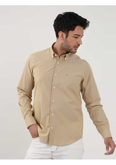 Dufy Camel Erkek Regular Fit Düz Brent Düğmeli Yaka Uzun Kol Gömlek - 102274-camel Camel