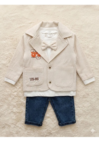 Erkek Bebek Blazer Ceketli Kot Pantolonlu 3 Lü Takım Ekru