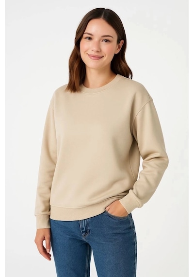 Üç İplik Düz Bisiklet Yaka Sweatshirt - Bej Bej