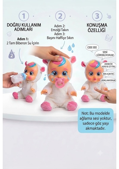 Konuşan Ve Gözyaşı Döken Kolları Ve Kafası Et Bebek Peluş Tulumlu 28 Cm Ağlayan Oyuncak Bebek Beyaz
