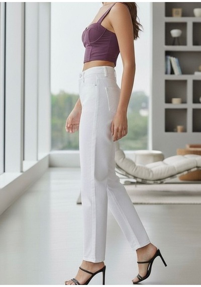 Kene Jeans Kadın Yüksek Bel Beyaz Keten Boyfriend Mom Pantolon Beyaz
